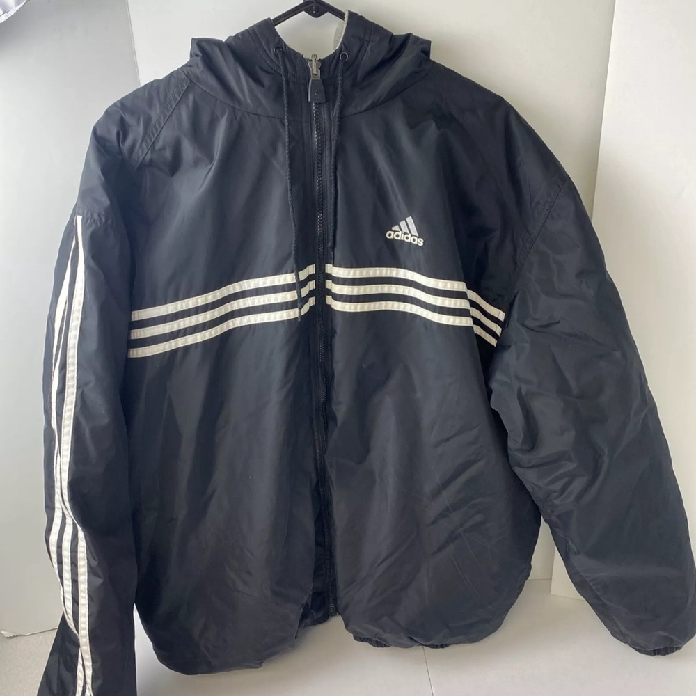 ADIDAS Reversible Jacket Black and Grey White Stripes Windbreaker/Hoodie Large